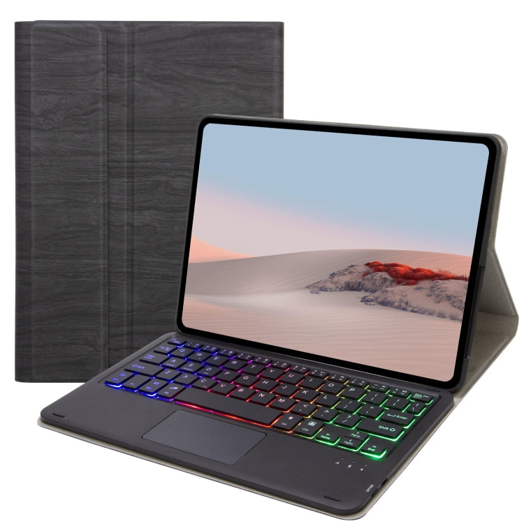 Bluetooth keyboard case with touchpad, dark wood-grain leather, multicolor backlit keys