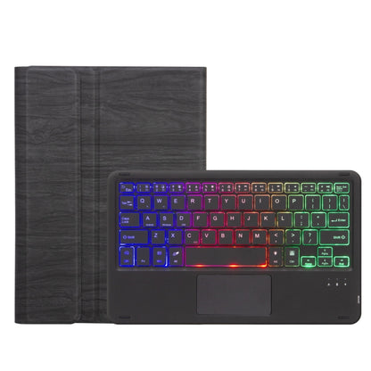 Bluetooth keyboard case with touchpad, dark wood-grain leather, multicolor backlit keyboard
