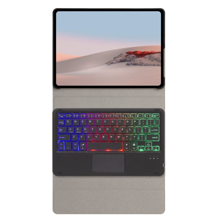 Bluetooth keyboard case with touchpad, dark wood-grain leather, backlit keyboard