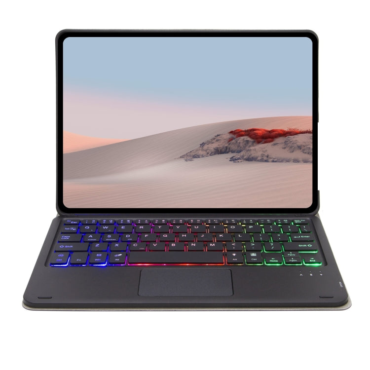 Bluetooth keyboard case with touchpad, dark wood-grain leather, multicolor backlit keys