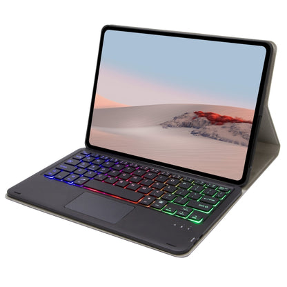 Bluetooth keyboard case with touchpad, dark wood-grain leather, multicolor backlit keyboard