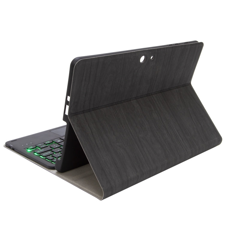 Bluetooth keyboard case with touchpad, dark wood-grain leather folio stand, backlit keys