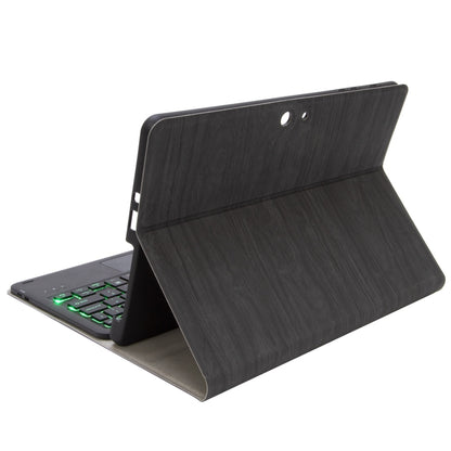 Bluetooth keyboard case with touchpad, dark wood-grain leather folio stand, backlit keys