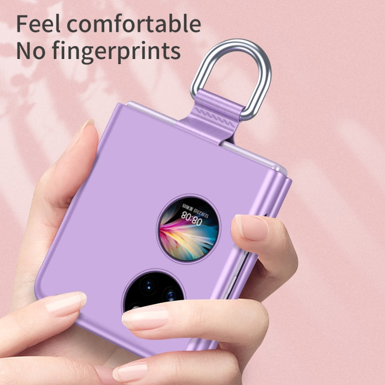 Purple Huawei P50 Pocket phone case with ribbon lanyard strap, shown in hand