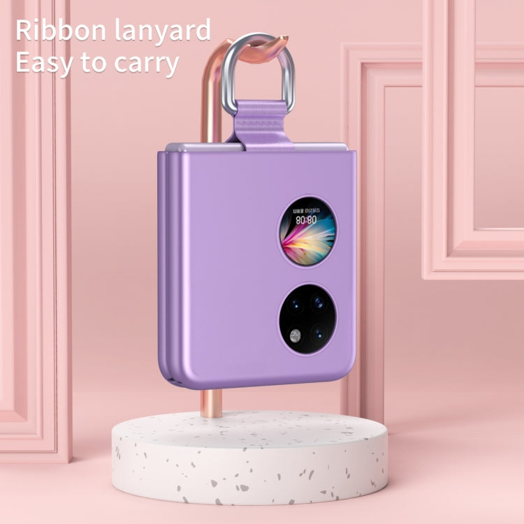 Purple Huawei P50 Pocket phone case with ribbon lanyard strap hanging from a loop