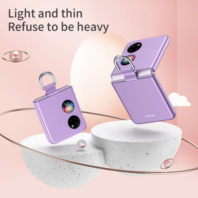Two purple Huawei P50 Pocket phone cases with ribbon lanyard straps, shown on display