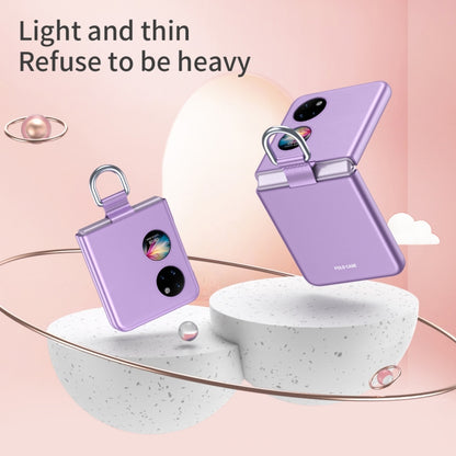 Two purple Huawei P50 Pocket phone cases with ribbon lanyard straps, shown on display
