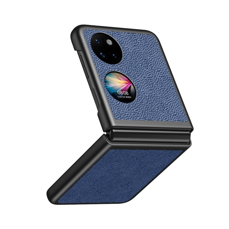 Shockproof phone case with litchi texture in blue, with camera cutout and flip cover.