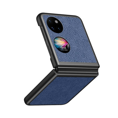 Shockproof phone case with litchi texture in blue, with camera cutout and flip cover.