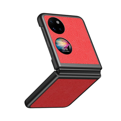 Shockproof phone case with litchi texture in red, camera cutout, and folding kickstand flap.