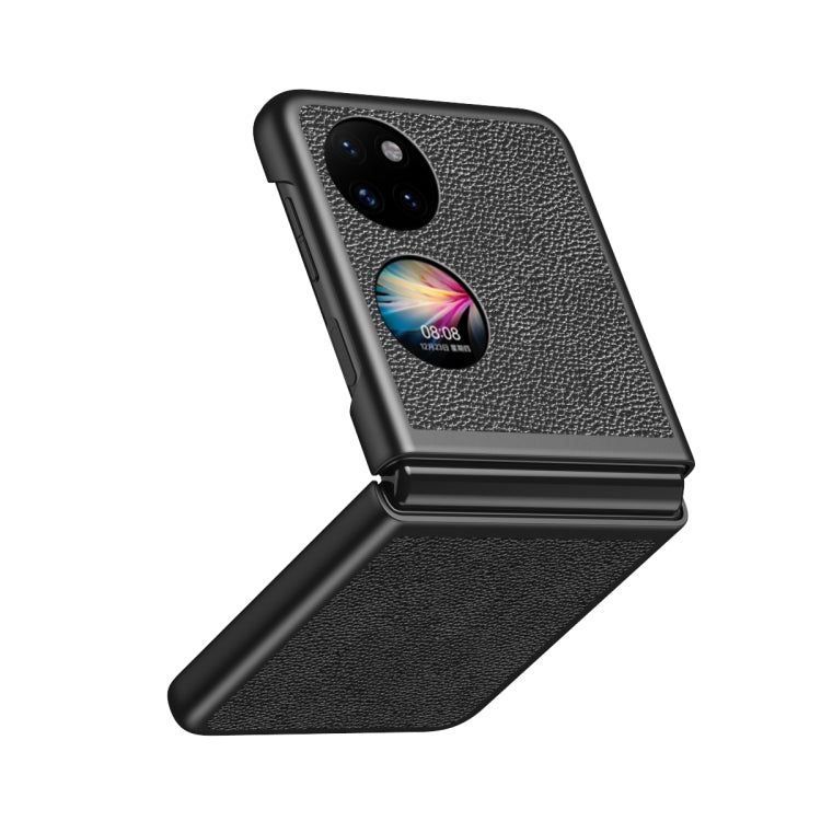 Shockproof phone case with litchi texture in dark/black, with camera cutout and foldable flap.