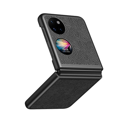 Shockproof phone case with litchi texture in dark/black, with camera cutout and foldable flap.