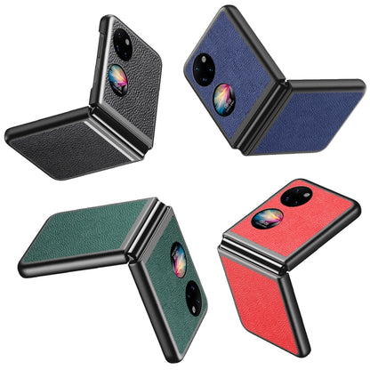 Four litchi-texture phone cases in black, blue, green, and red with folding protective flap.