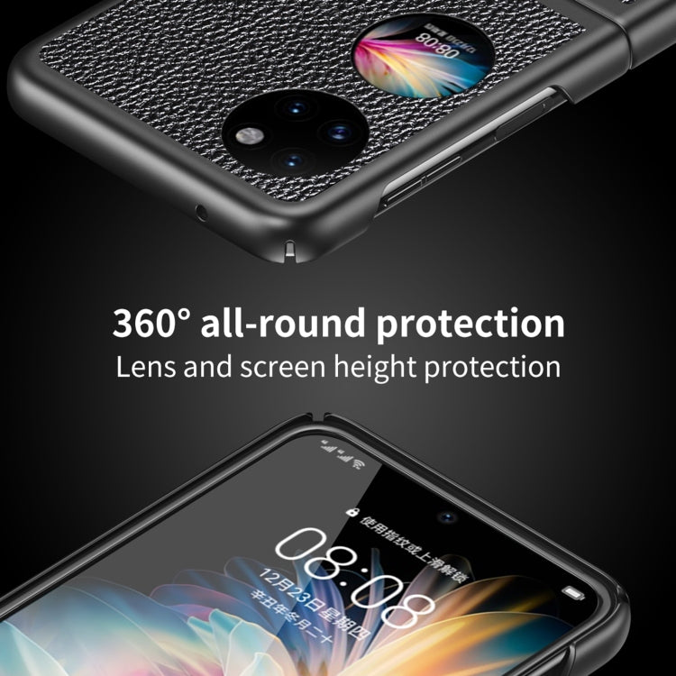 Black litchi-texture phone case with raised lens and screen protection details.