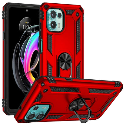 Red shockproof phone case with metal ring, textured grips, and raised camera cover.