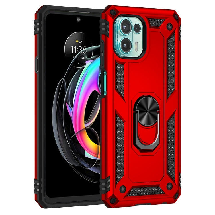 Red shockproof phone case with metal ring on back and textured side rails.