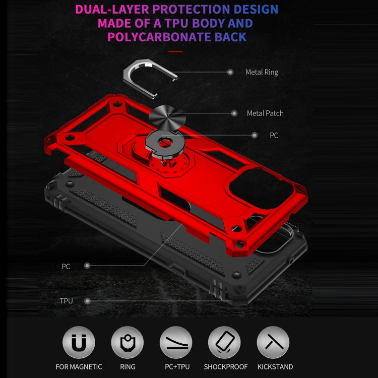 Red rugged shockproof phone case with layered TPU/PC look and metal ring detail.