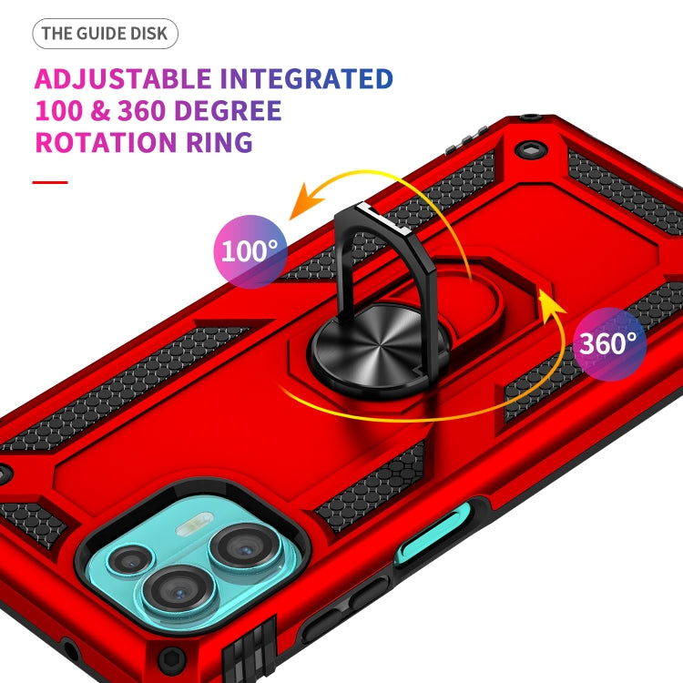 Red phone case with textured rails and adjustable rotation ring kickstand.