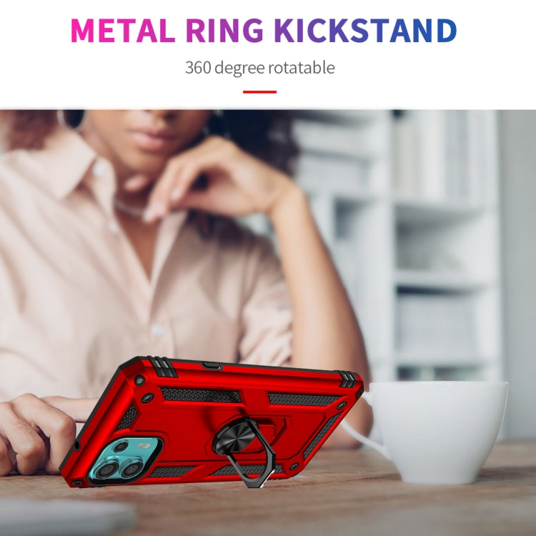 Red shockproof phone case featuring a metal ring kickstand for tabletop viewing.