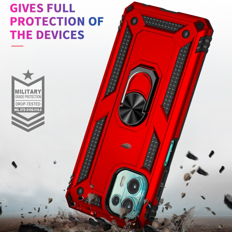 Red rugged shockproof phone case with metal ring kickstand and reinforced corners.