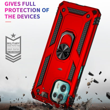 Red rugged shockproof phone case with metal ring kickstand and reinforced corners.