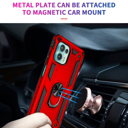 Red shockproof phone case with metal plate and magnetic car-mount ring.