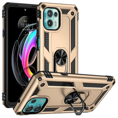 Gold shockproof phone case with metal ring, textured grips, and raised camera cover.
