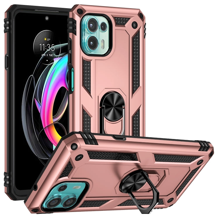 Rose gold shockproof phone case with metal ring, textured grips, and raised camera cover.