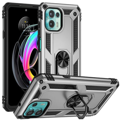 Silver shockproof phone case with metal ring, textured grips, and raised camera cover.
