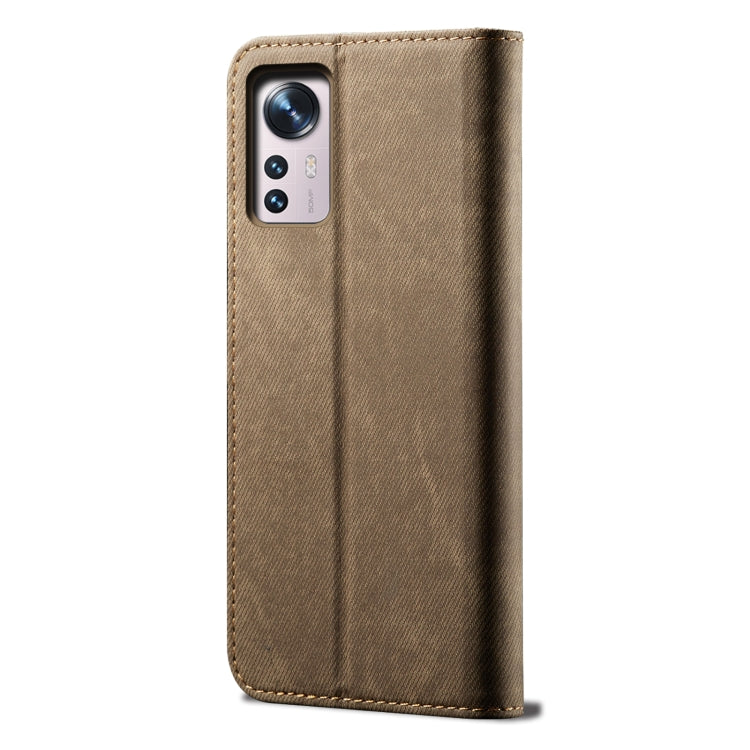 Khaki denim-texture leather phone case, back view with camera cutouts