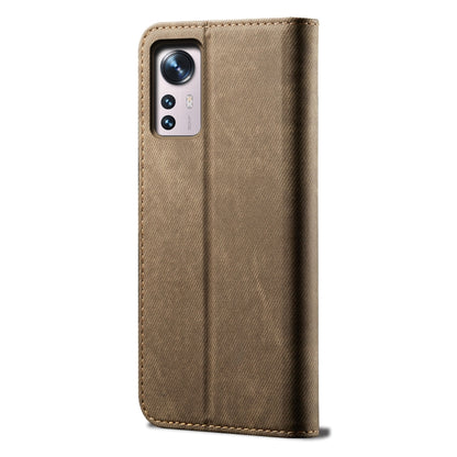 Khaki denim-texture leather phone case, back view with camera cutouts