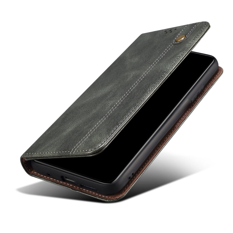 Dark green leather flip phone case with built-in stand and stitched trim