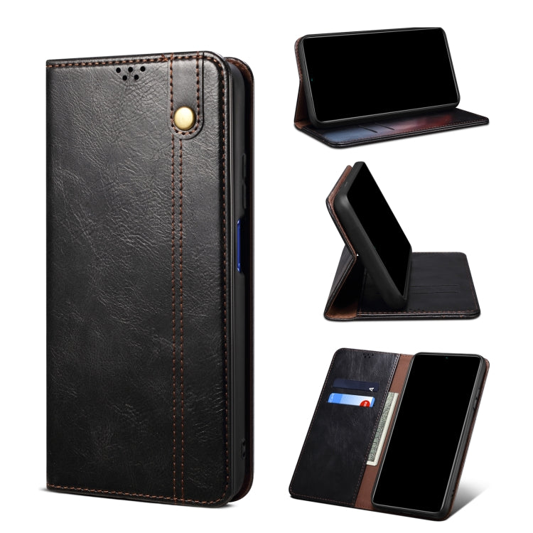 Crazy horse leather phone case with magnetic clasp, black, card slots and stand
