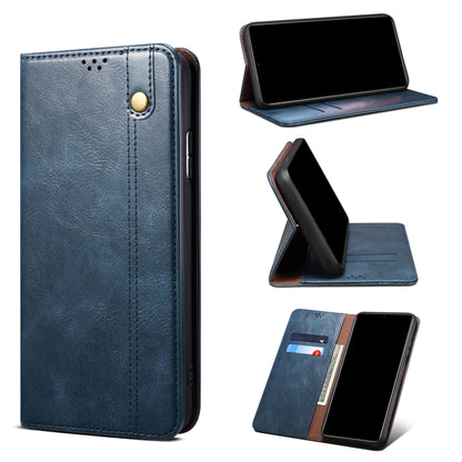 Crazy horse leather phone case with magnetic clasp, navy blue, card slots and stand