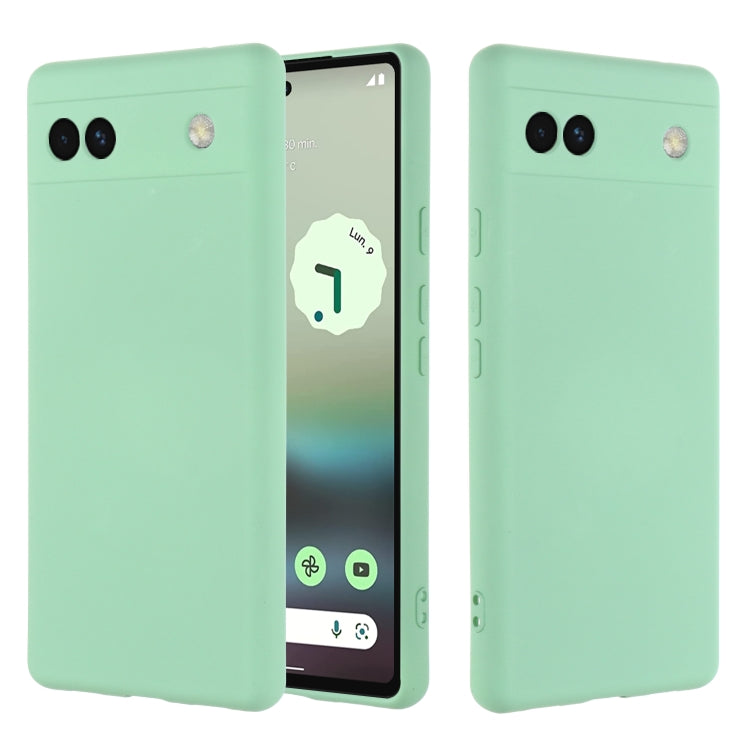 Mint green silicone phone case for Pixel 6a, back with camera cutouts