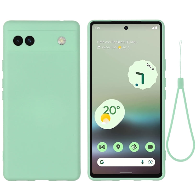 Mint green silicone phone case for Pixel 6a, front and back view with lanyard