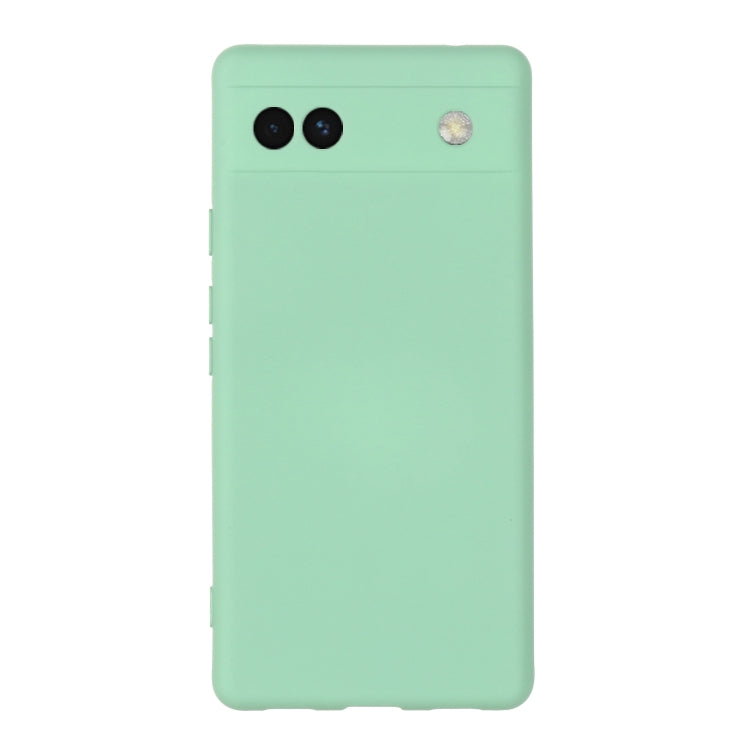 Mint green silicone phone case for Pixel 6a, smooth back with camera cutouts