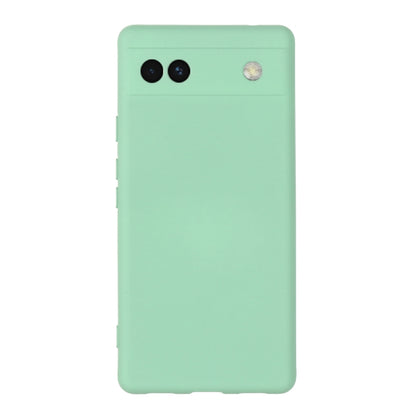 Mint green silicone phone case for Pixel 6a, smooth back with camera cutouts