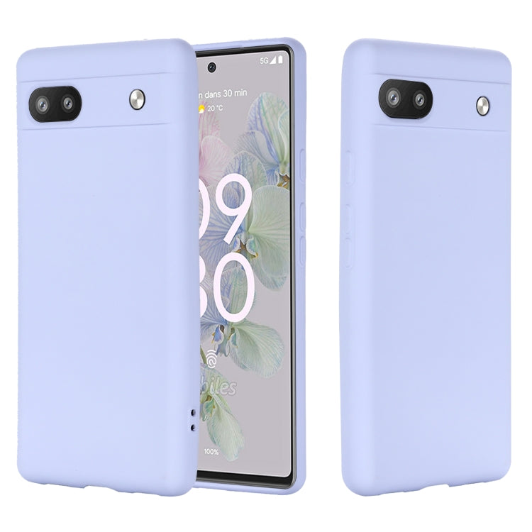 Lavender silicone phone case for Pixel 6a, front and back view
