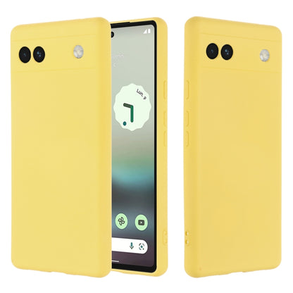 Yellow silicone phone case for Pixel 6a, front and back view