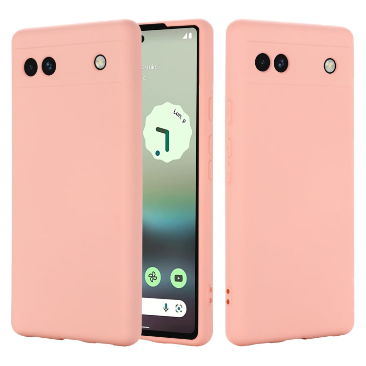 Pink silicone phone case for Pixel 6a, front and back view