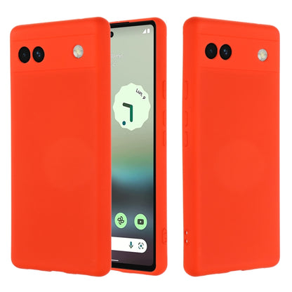 Liquid silicone phone case for Google Pixel 6a in bright red, camera cutouts