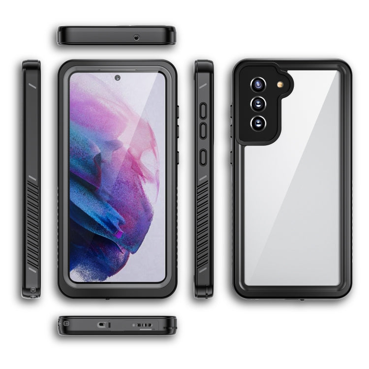 Black shockproof waterproof phone case with clear back panel and triple camera opening