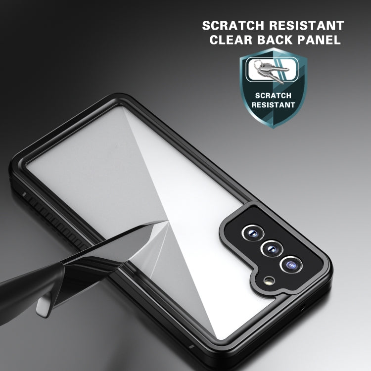 Shockproof waterproof phone case with clear scratch-resistant back panel and black bumper