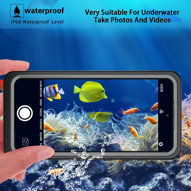 Black waterproof phone case with protective front seal and clear viewing window