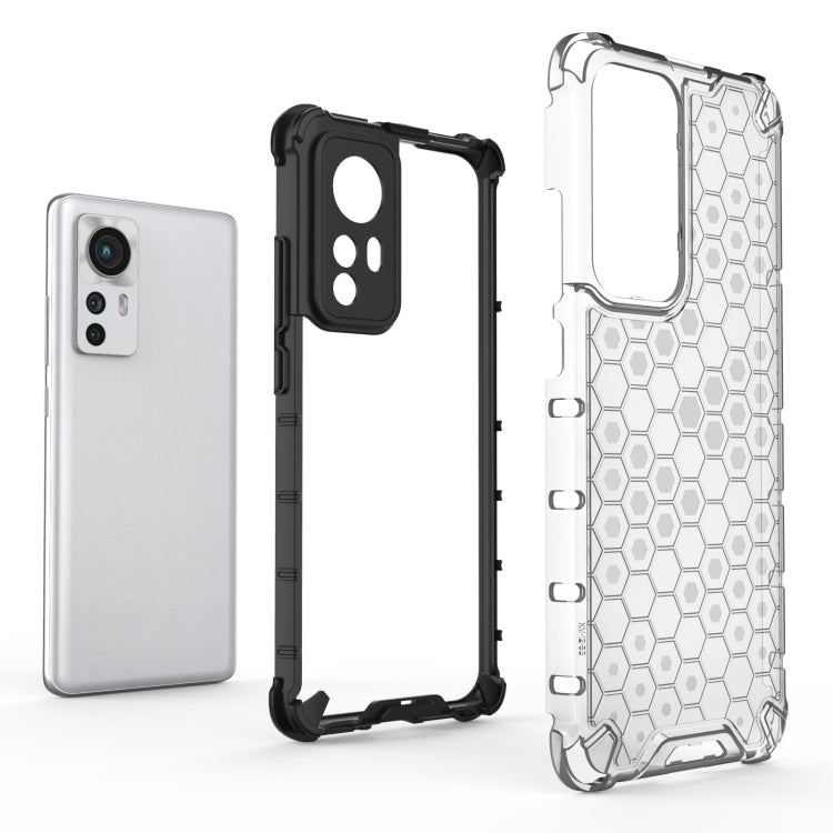 Transparent hex honeycomb phone case with black shock bumper and camera cutouts