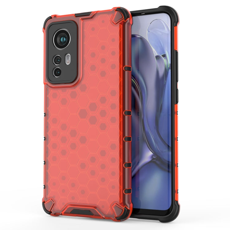 Shockproof honeycomb phone case, red TPU bumper and textured honeycomb PC back