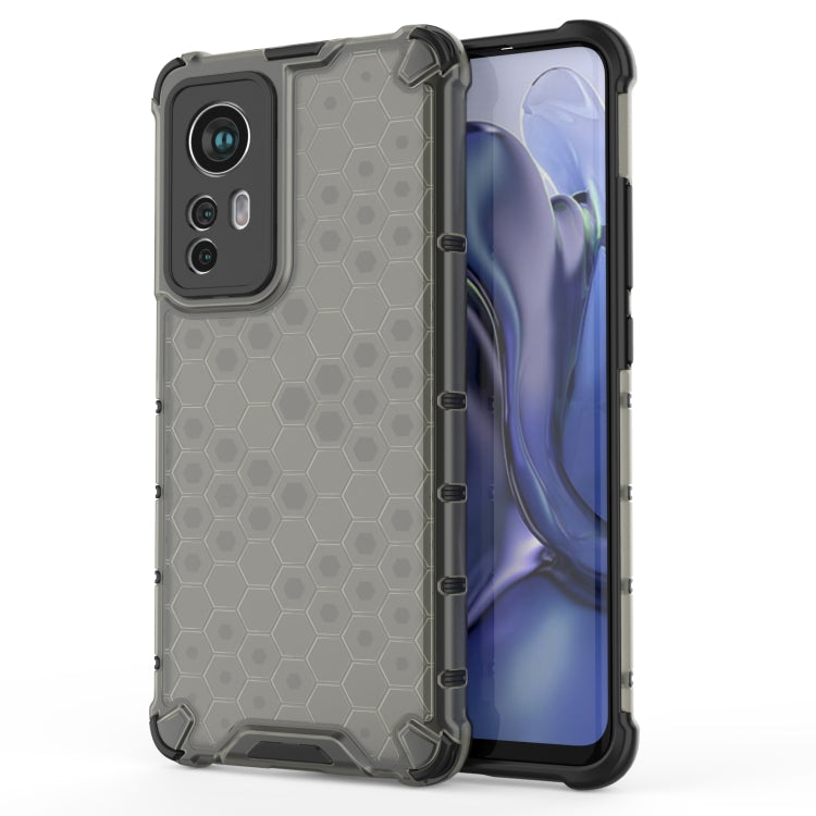 Dark gray hex honeycomb shockproof phone case with raised camera lip
