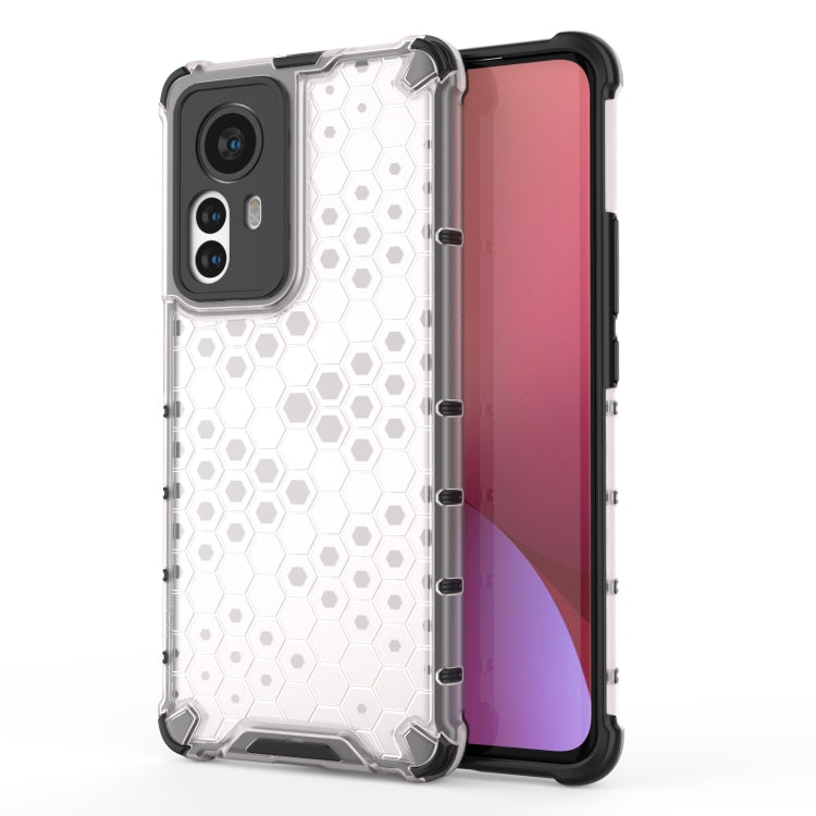 White hex honeycomb shockproof phone case with raised camera bezel and bumper
