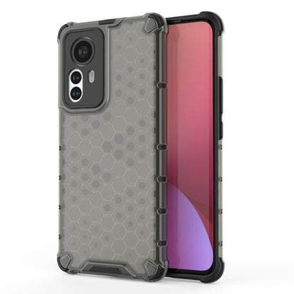 Dark gray hex honeycomb shockproof phone case with clear back and bumper edges